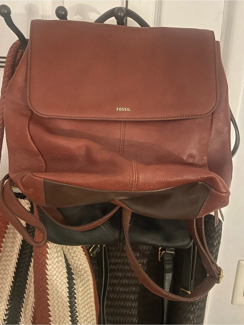 Fossil Leather Backpack - Chestnut Brown with Dark Brown Trim